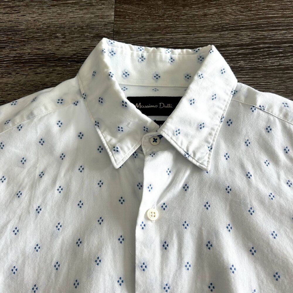 Massimo Dutti 100% Cotton White Button-Up Shirt Blue Embroidered Dot Men's Small - Picture 5 of 10